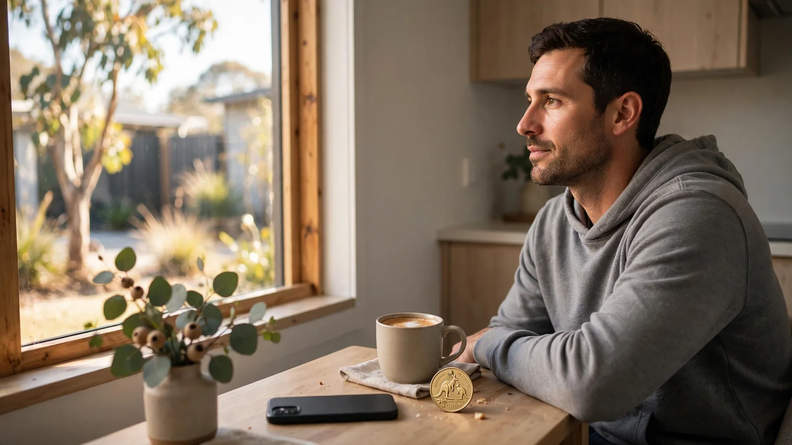 Australian player at home with smartphone and a single one-dollar coin beside coffee