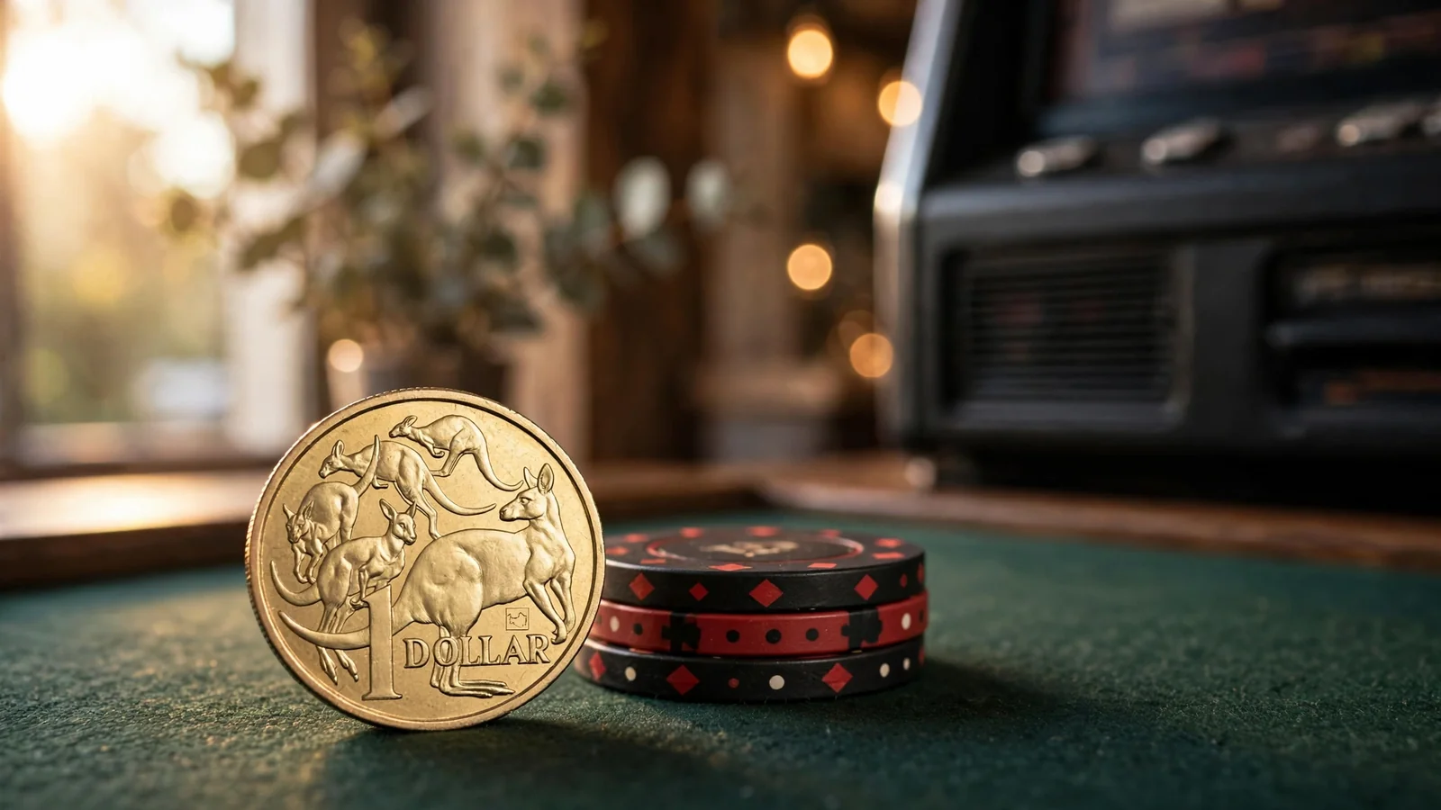 Australian one-dollar coin beside a small stack of casino chips on green felt
