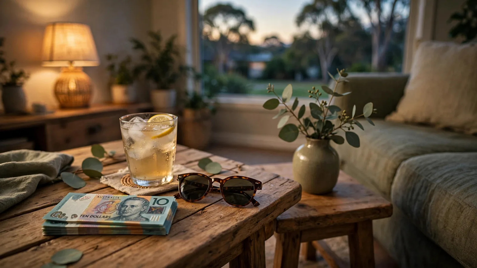 Australian living room scene with small stack of AU$10 notes on a coffee table