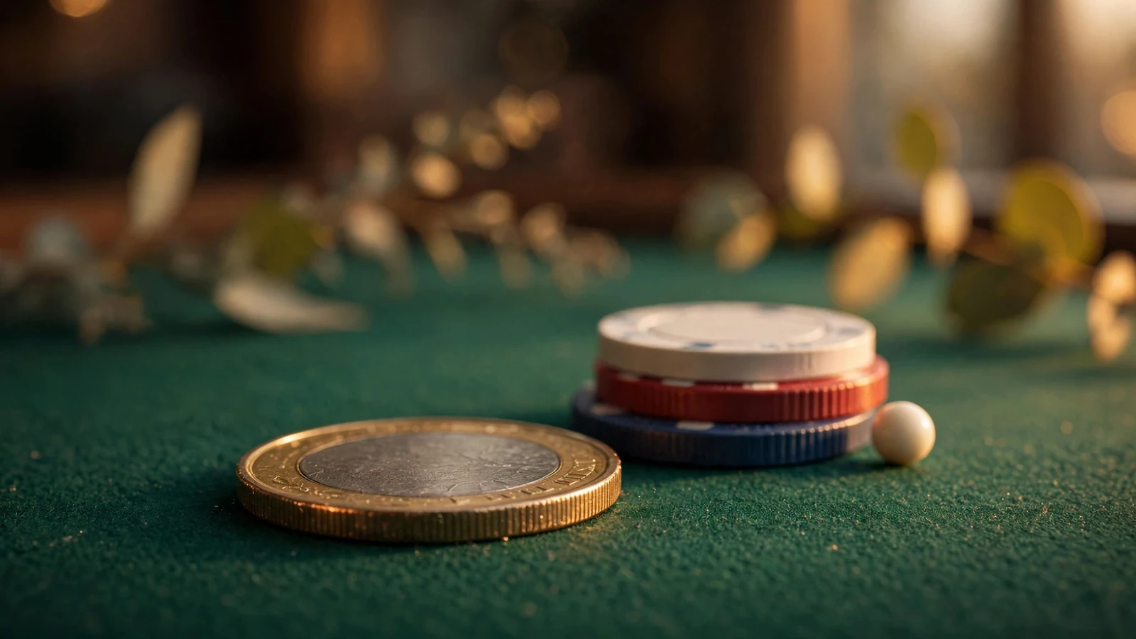 Australian two-dollar coin beside low-stakes poker chips on green felt table