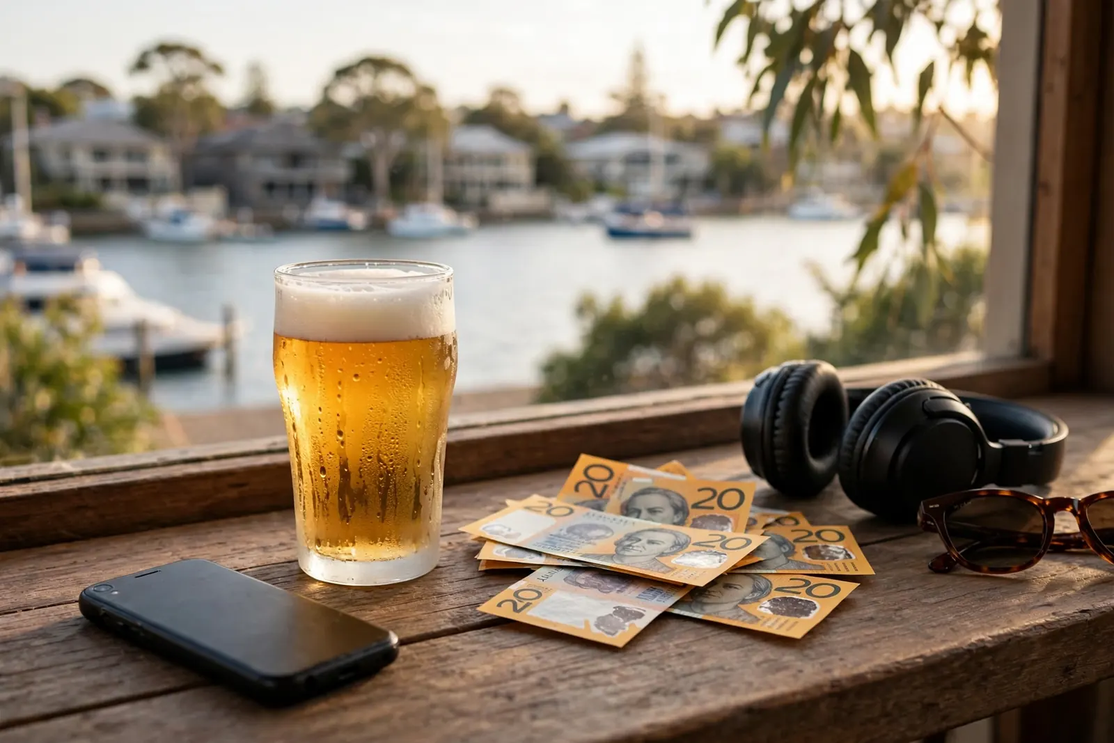 Australian pub table with phone, beer, and twenty-dollar notes near a harbor view