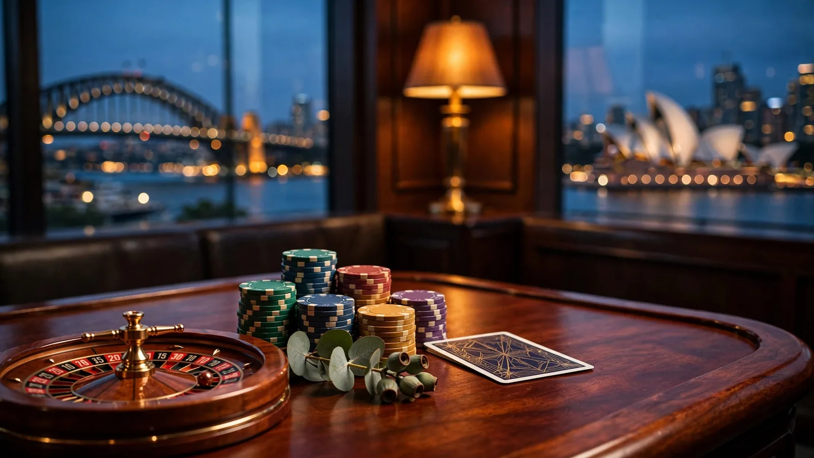 Casino table with poker chips and roulette wheel overlooking Sydney Harbour at twilight.