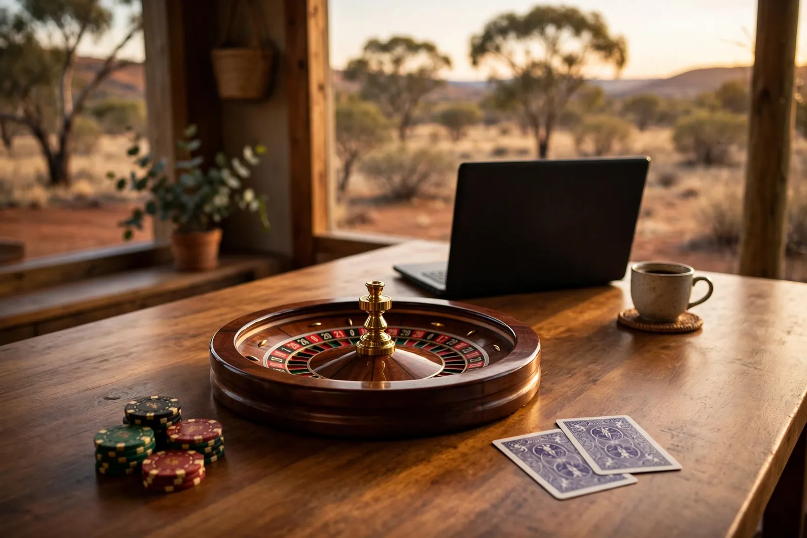 Casino chips, roulette wheel, and a turned-away device on a warm-lit table.