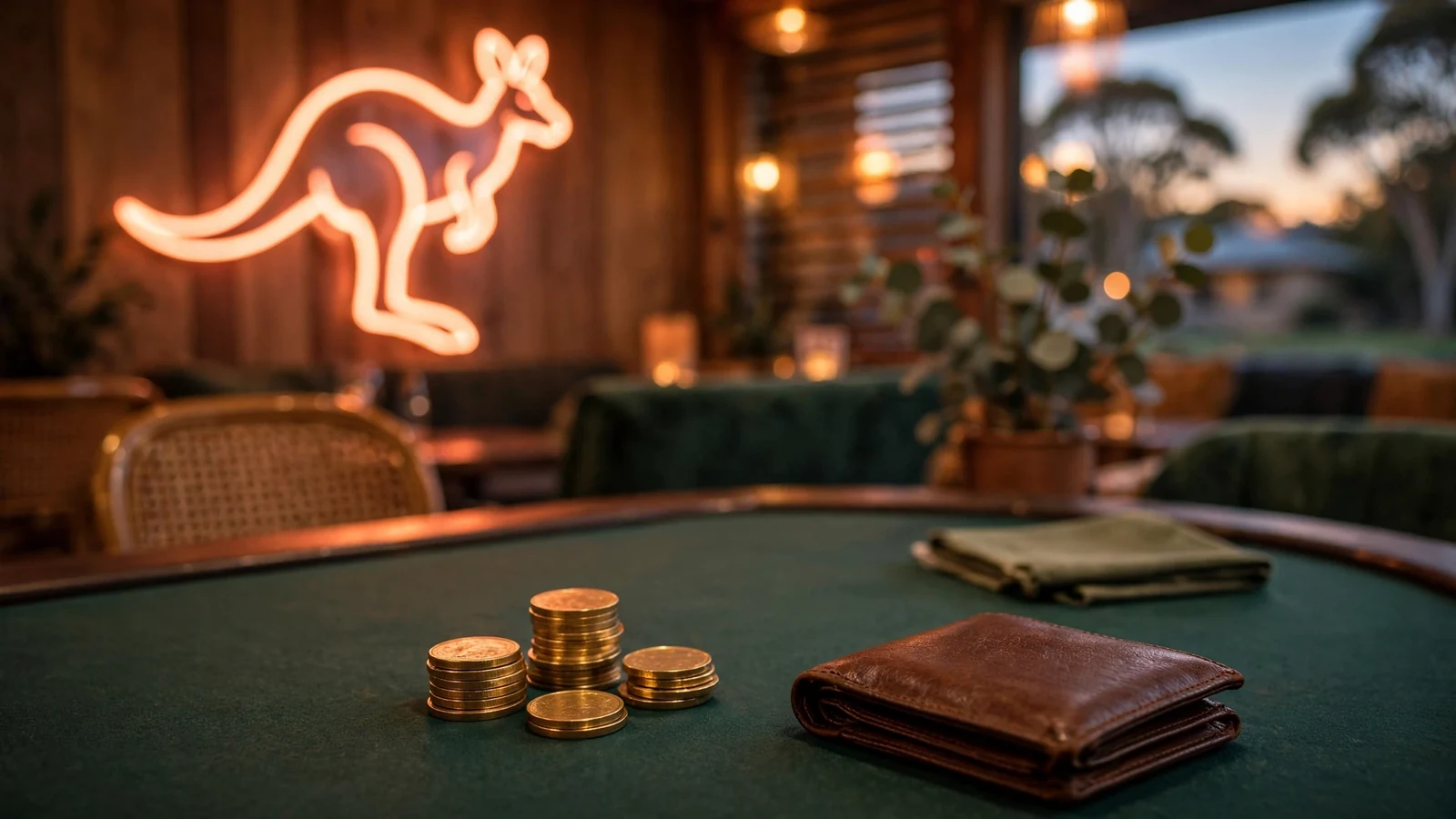 Australian-themed casino lounge with stacked coins and closed wallet on green felt