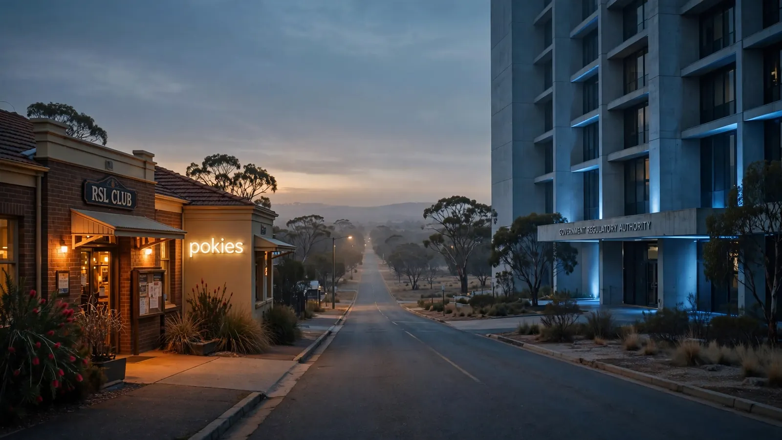 Australian club entrance and regulatory building split composition at dusk