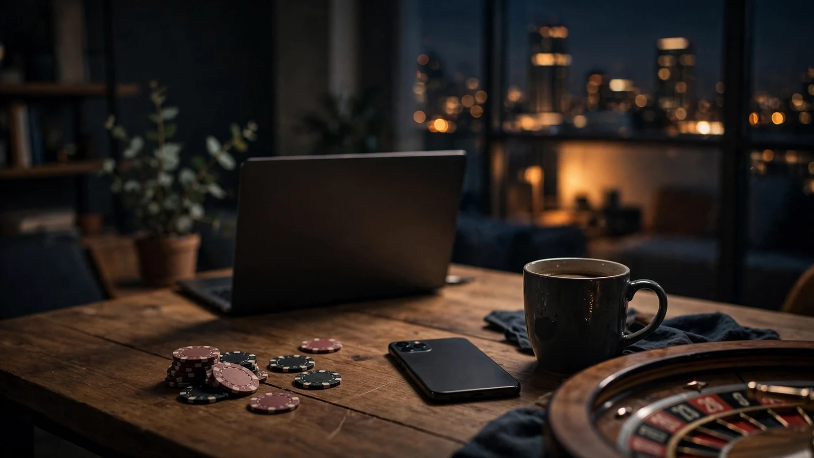 Casino chips, a face-down phone, and a roulette wheel on a table in a dim Australian apartment at night.