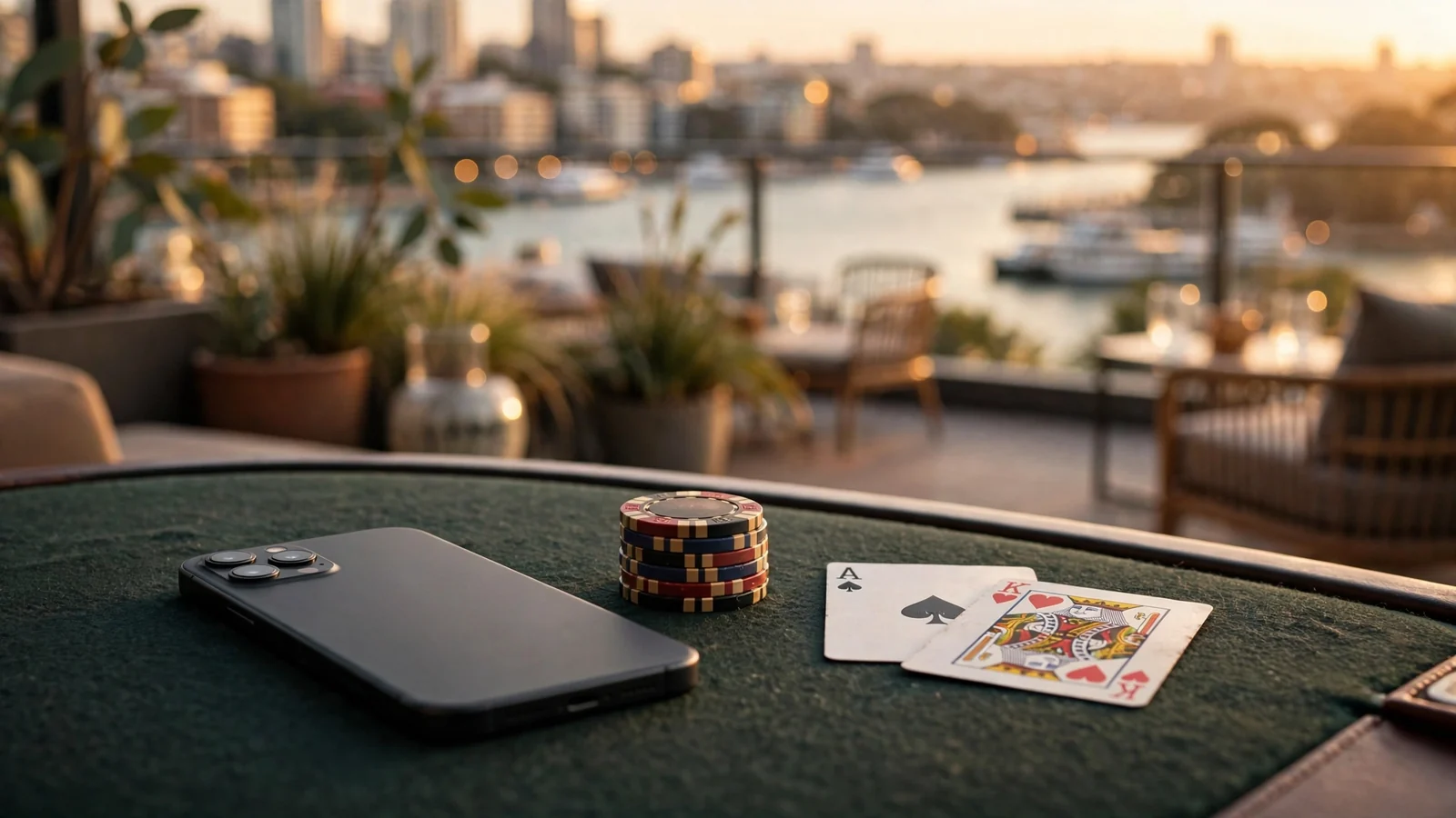 Smartphone face-down on a casino table with chips and cards, Sydney Opera House in the background at golden hour.