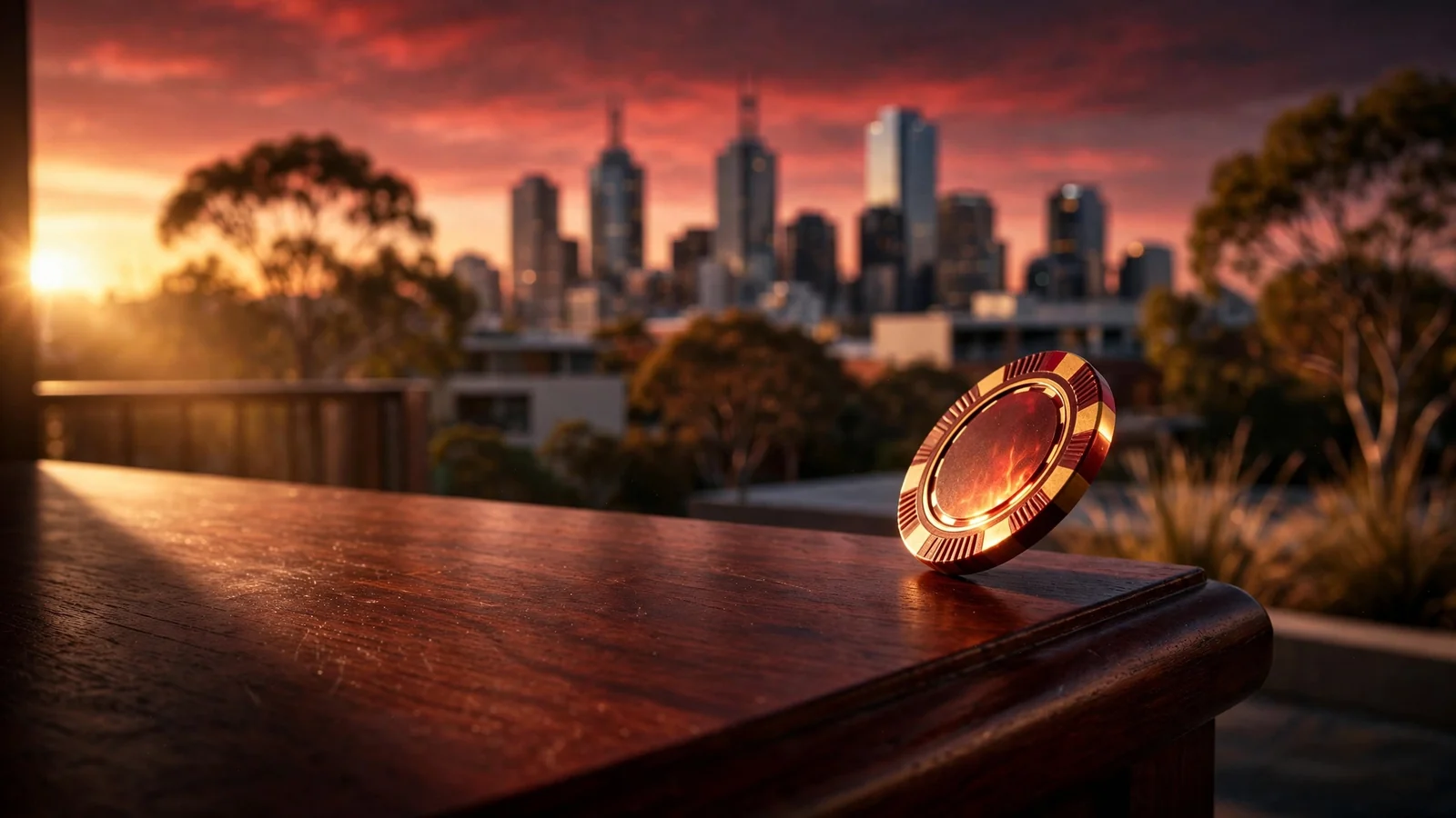 Glowing casino chip on the edge of a table with Australian sunset backdrop