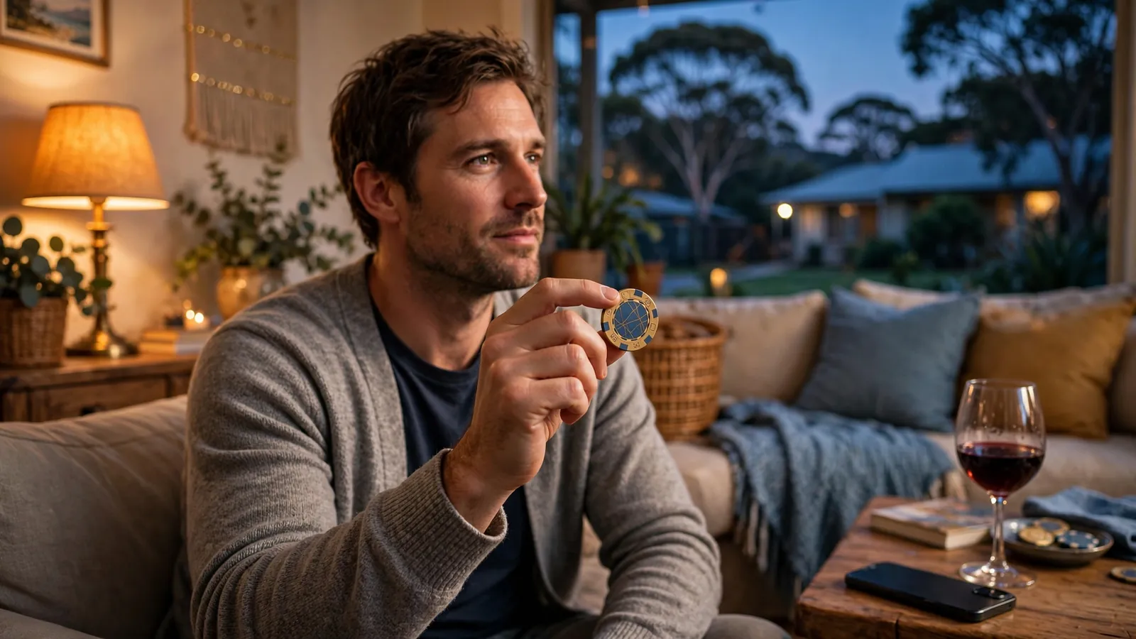 Relaxed Australian player holding a poker chip near a dim lamp
