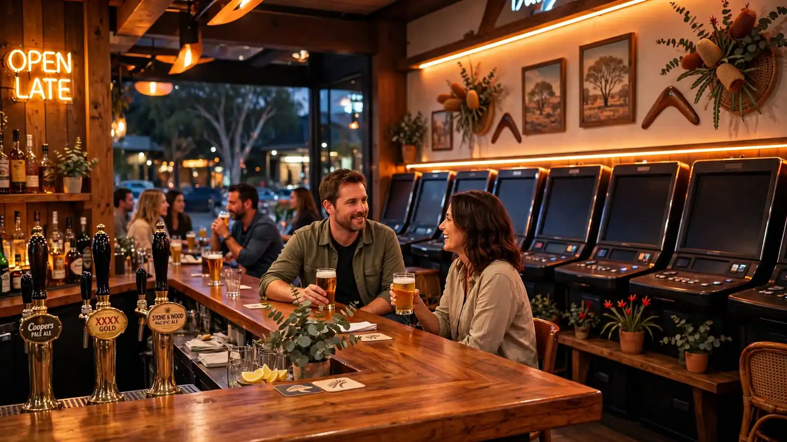 Warmly lit Perth pub interior with rows of gaming machines