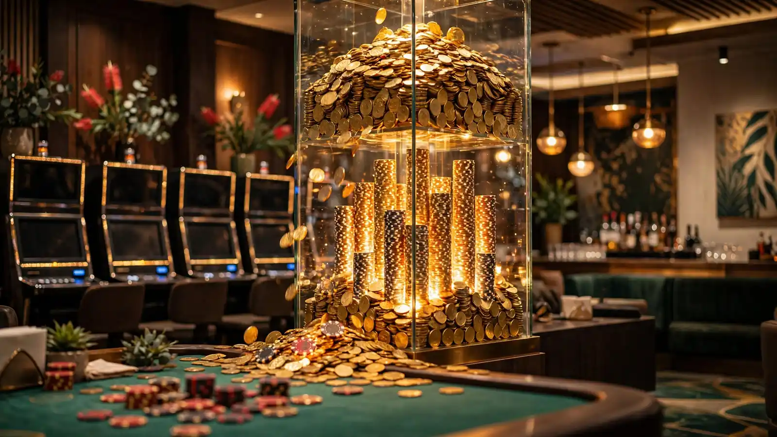Glowing glass display of gold coins and casino chips in an Australian casino lounge at night