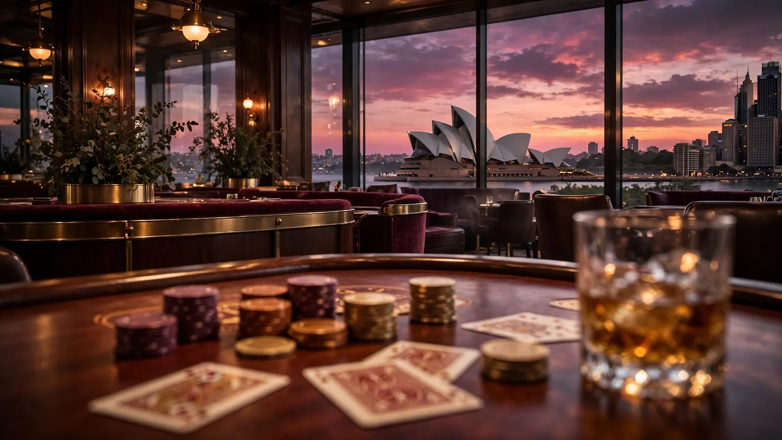 Luxurious Australian casino lounge overlooking Sydney skyline with gaming table, chips and cards
