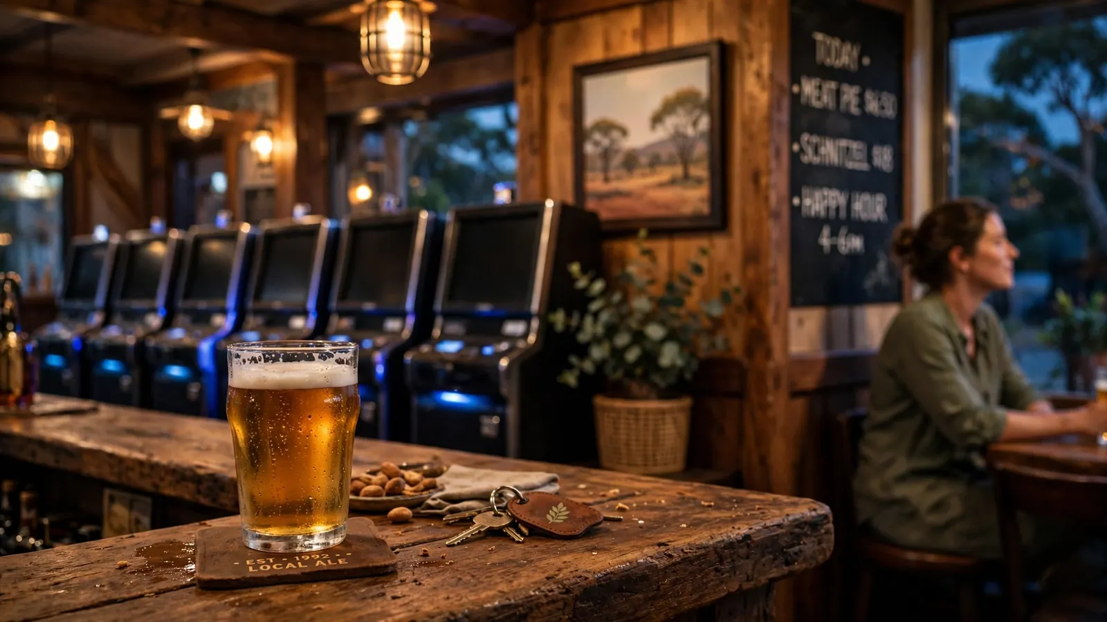 Australian pub interior with pokie machines softly glowing at dusk
