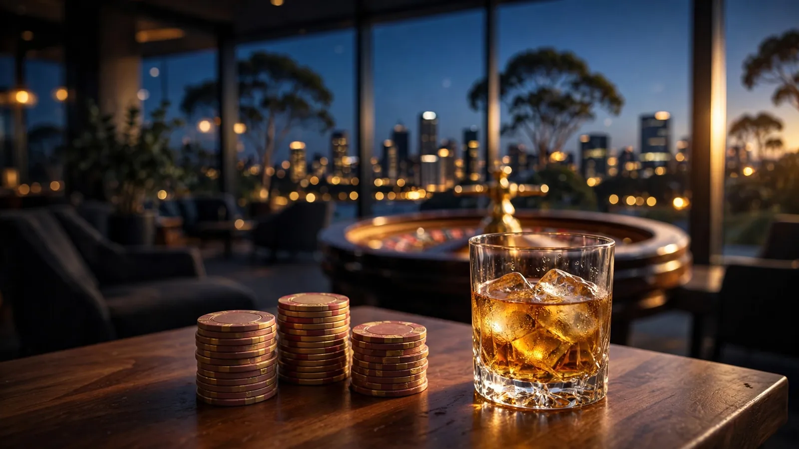 Australian casino lounge with chips and roulette wheel, Sydney skyline at dusk
