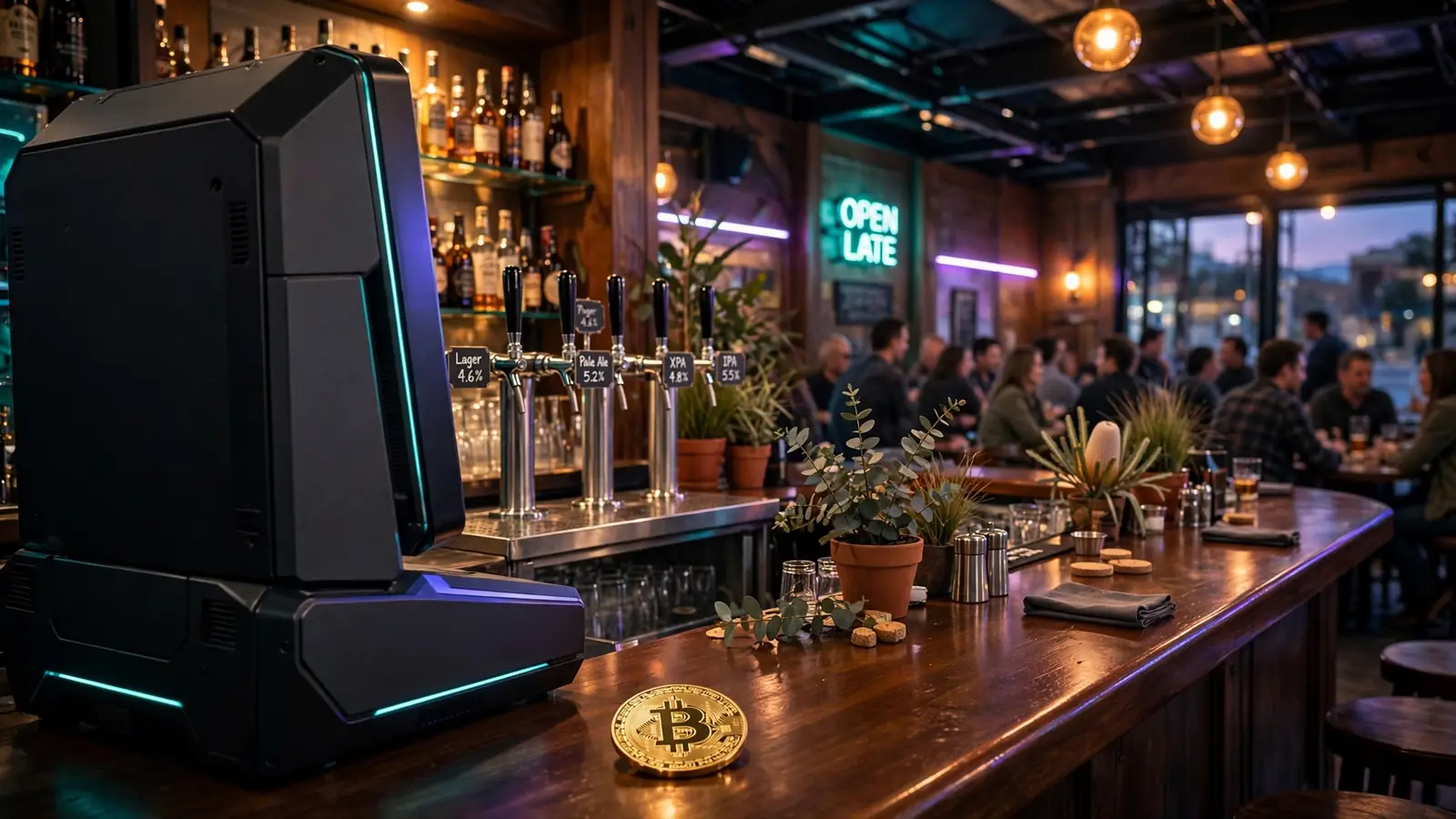 Australian pub interior at dusk with gaming machine and a physical bitcoin coin on the bar counter