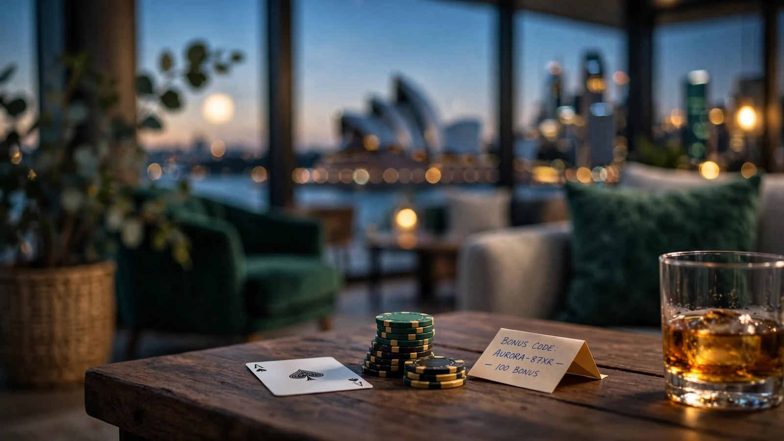 Casino chips, a card, and a folded note on a table with Sydney skyline at dusk