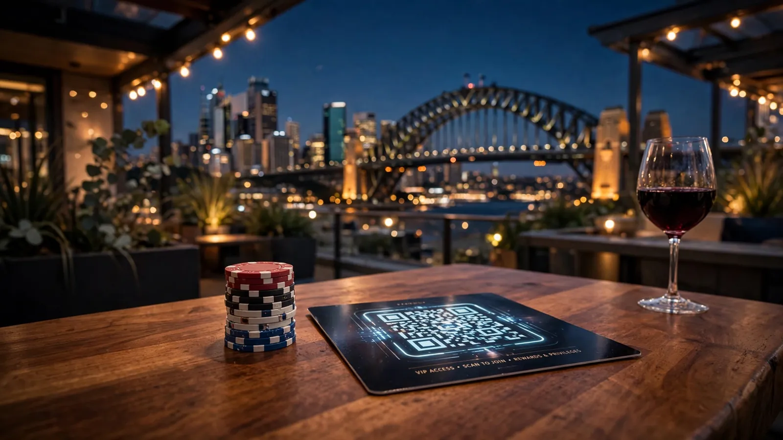 Casino chips and a promo card on a rooftop bar table with Sydney skyline at dusk.