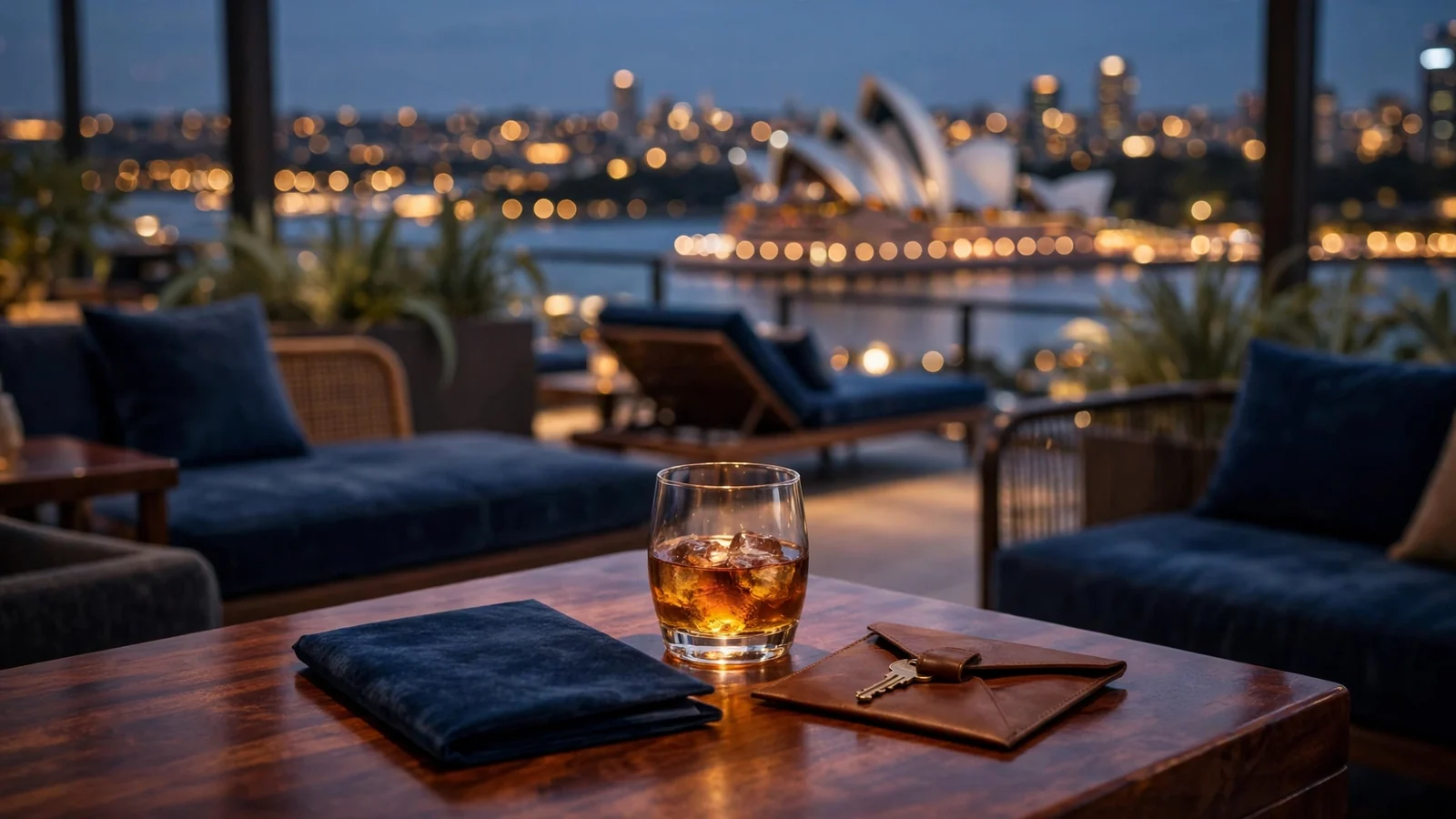 Luxury VIP lounge overlooking Sydney Harbour at dusk with premium whisky and invitation card