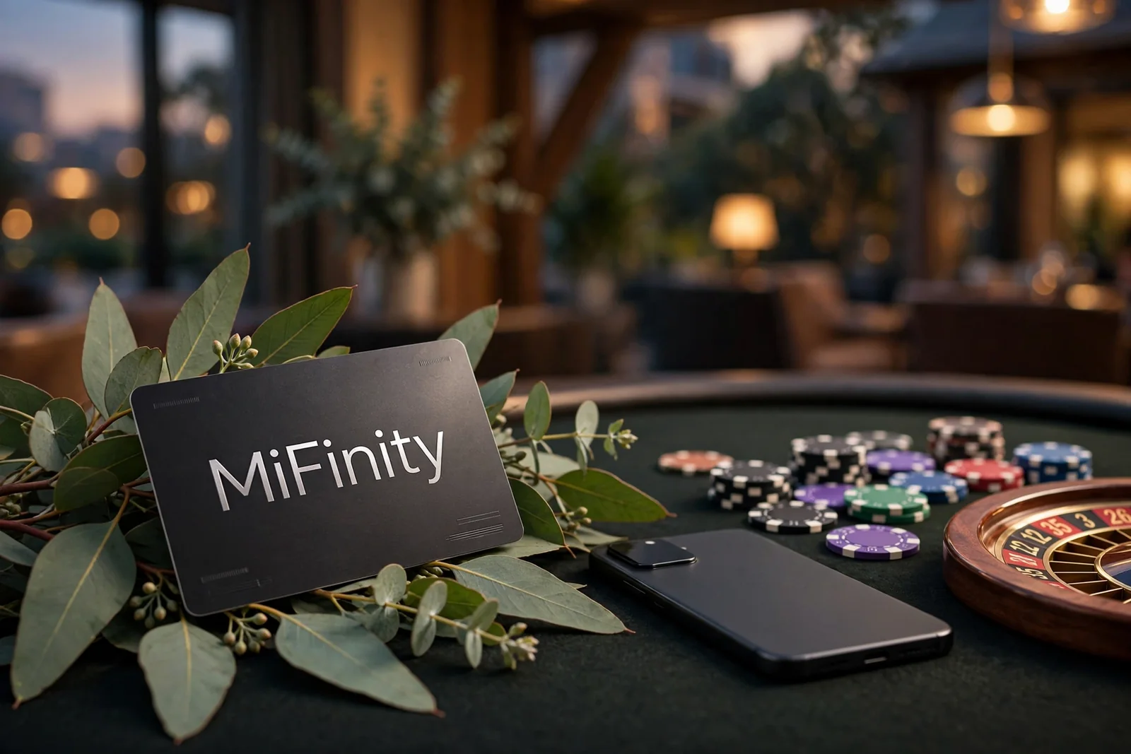 MiFinity e-wallet card on eucalyptus leaves beside a smartphone and casino chips on a felt table