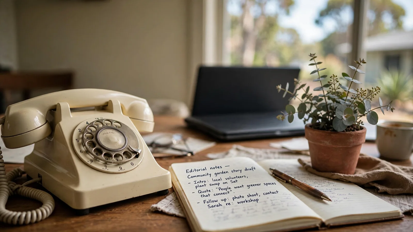 Australian desk with rotary phone, notebook, and eucalyptus plant in soft natural light