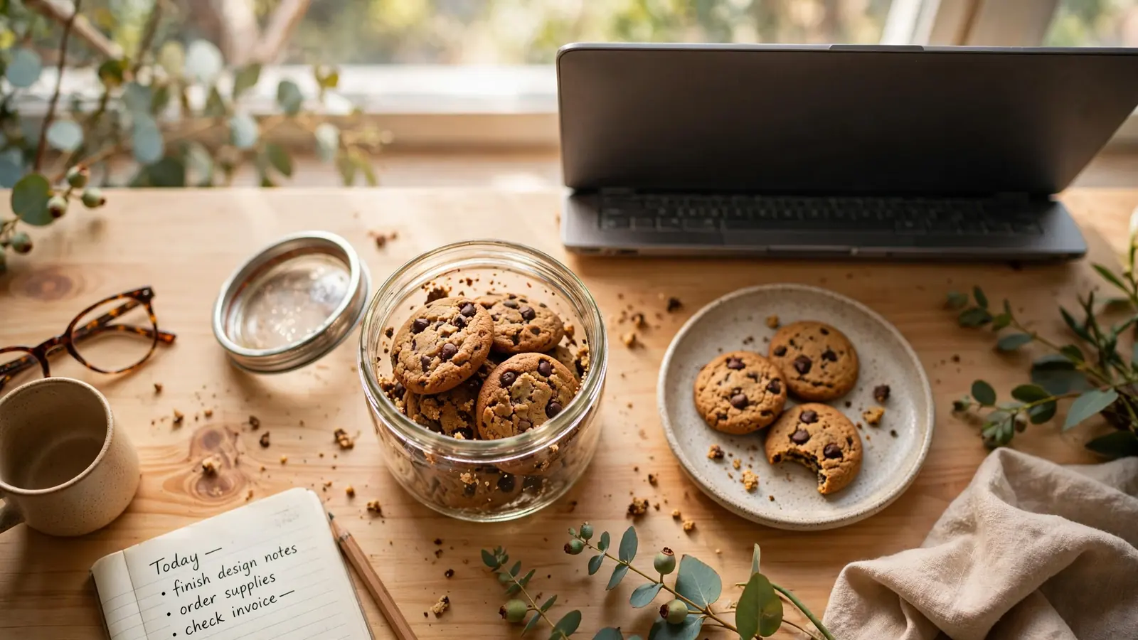 Glass jar of cookies beside an open laptop on a sunlit desk