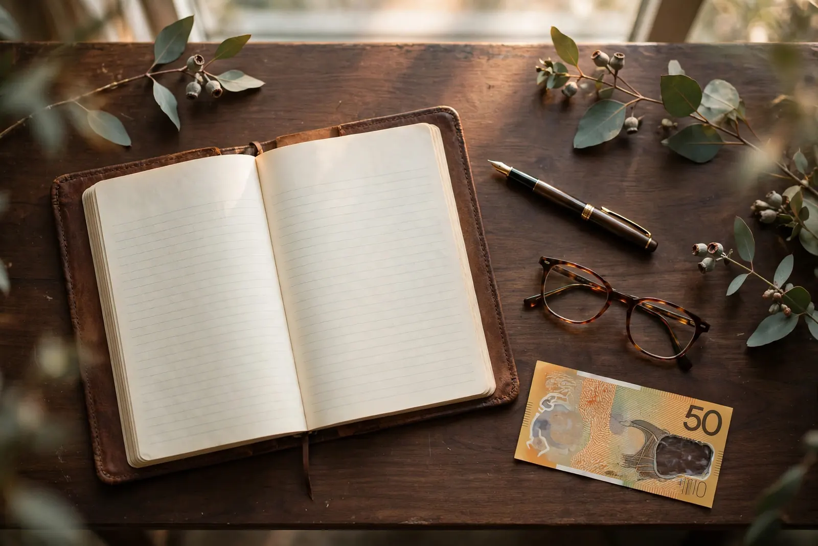 Legal notebook, glasses, and pen on a desk representing a disclaimer page.