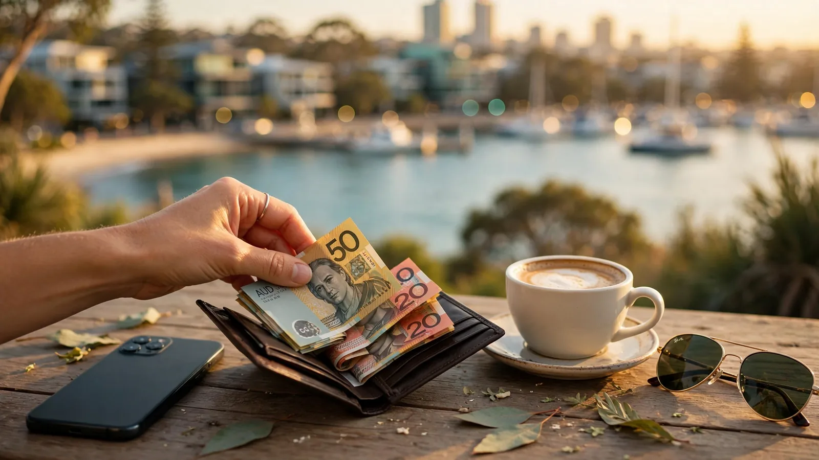Hand placing Australian dollars into wallet at Sydney Harbour café