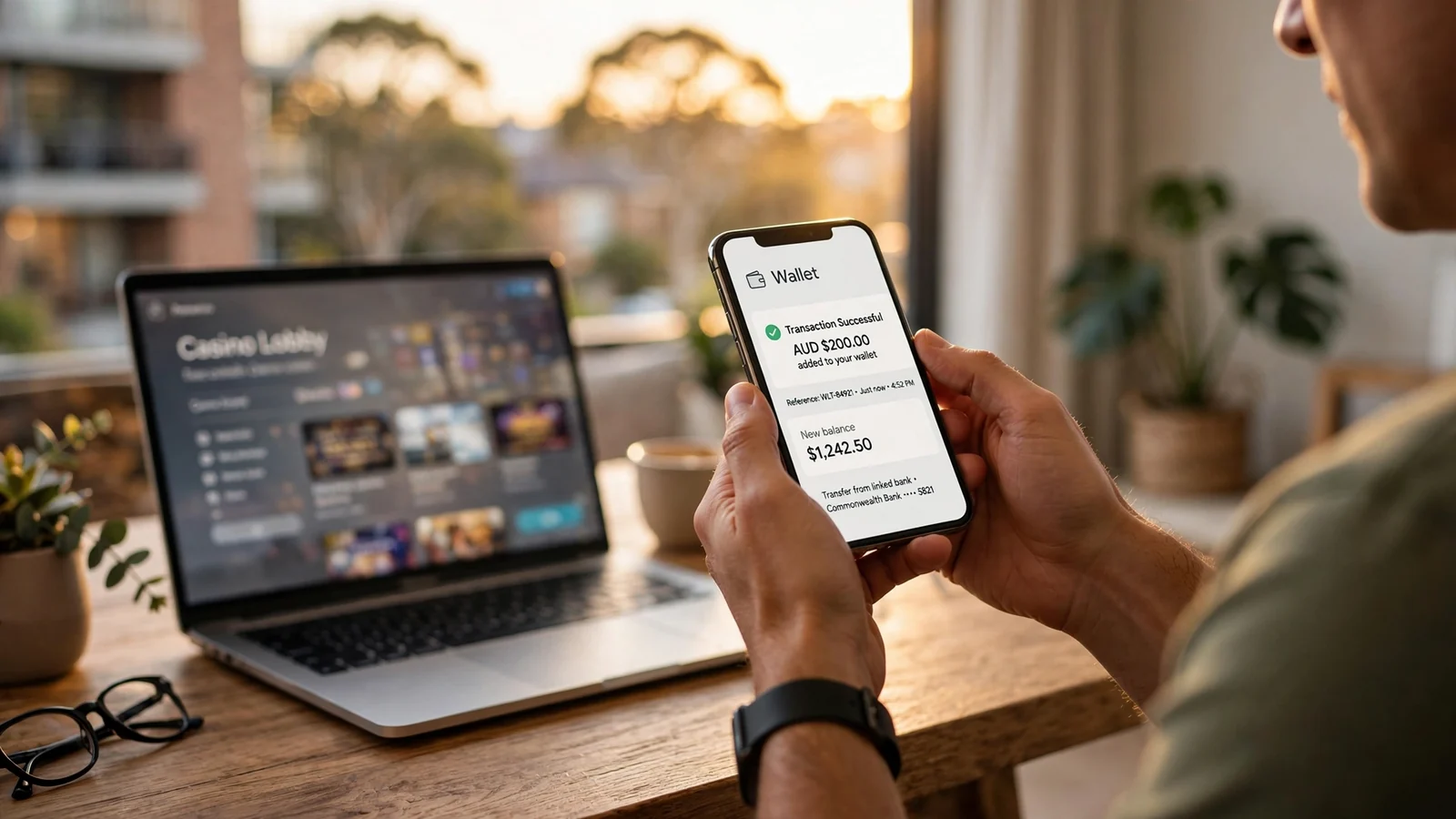 Australian player receiving fast casino withdrawal notification on smartphone at home