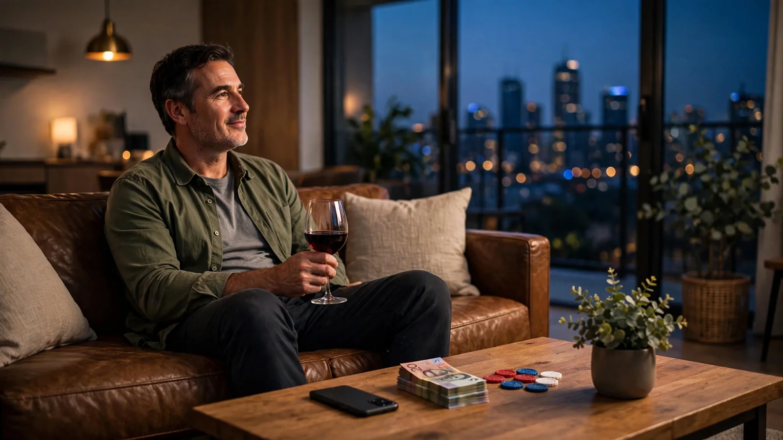 Australian man relaxing at home with wine, cash, and face-down phone