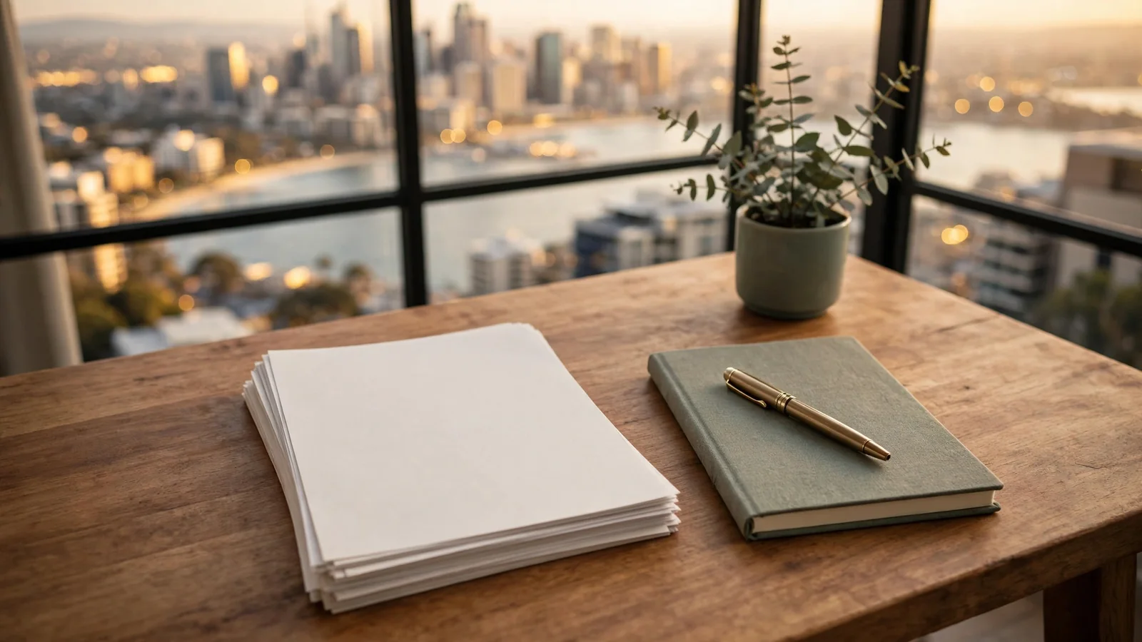 Editorial desk with papers, notebook, eucalyptus, and Australian city skyline through window