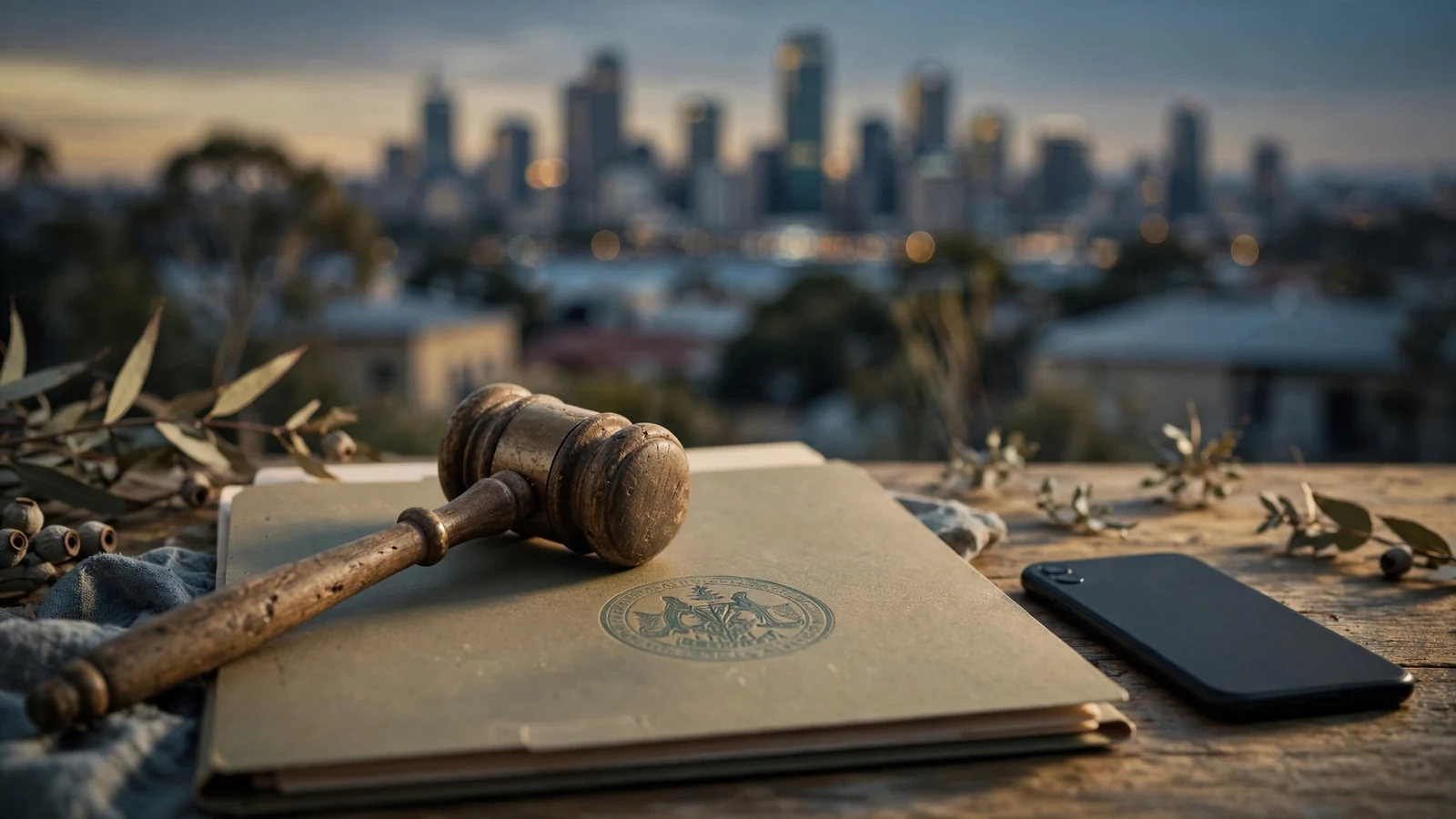 Gavel on regulatory folder beside turned-away smartphone with Australian city skyline