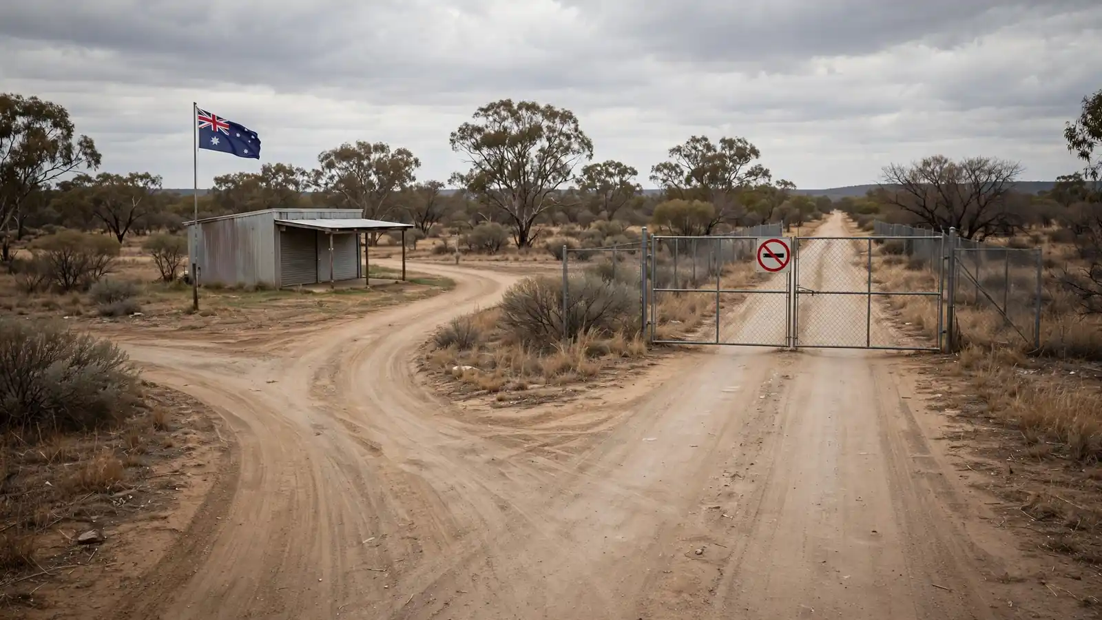 Forked outback road separating licensed betting shop from blocked path with prohibition sign