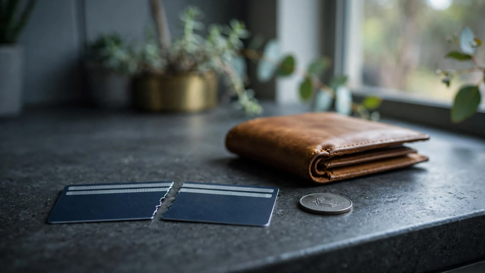 Snapped credit card beside small coin and closed wallet on dark countertop