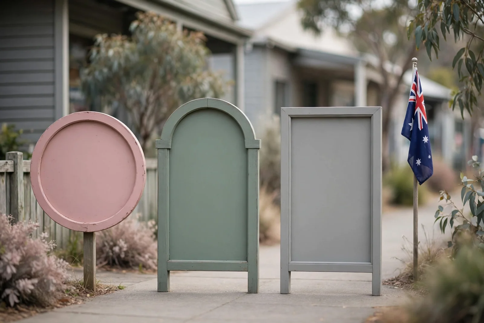 Row of blank colourful shop sign frames on Australian footpath with small flag