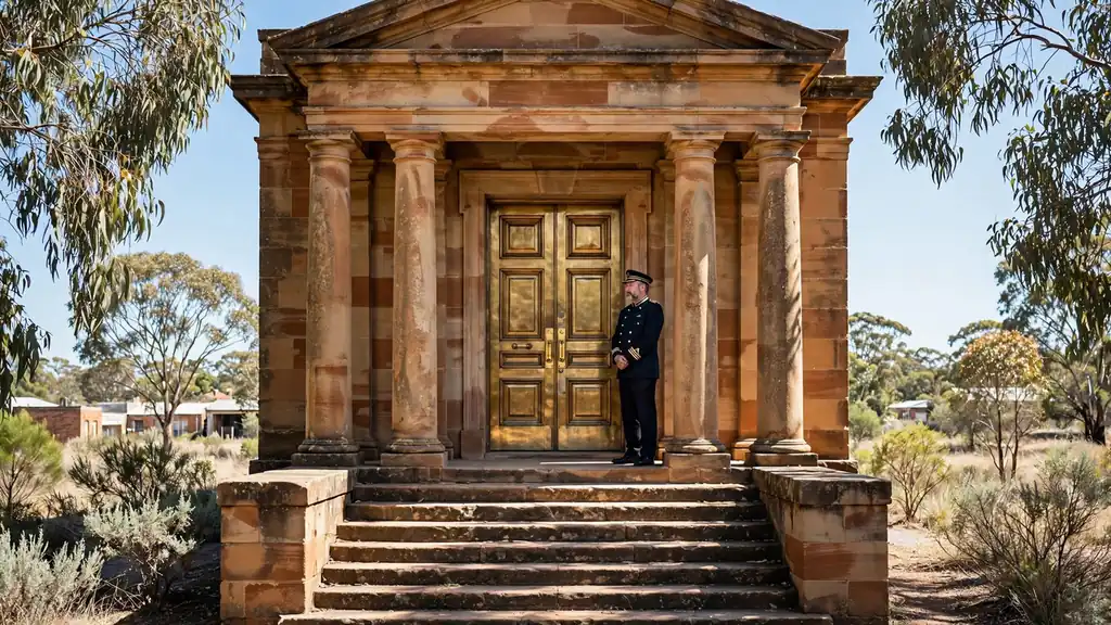 Sandstone government building entrance with uniformed attendant and brass doors