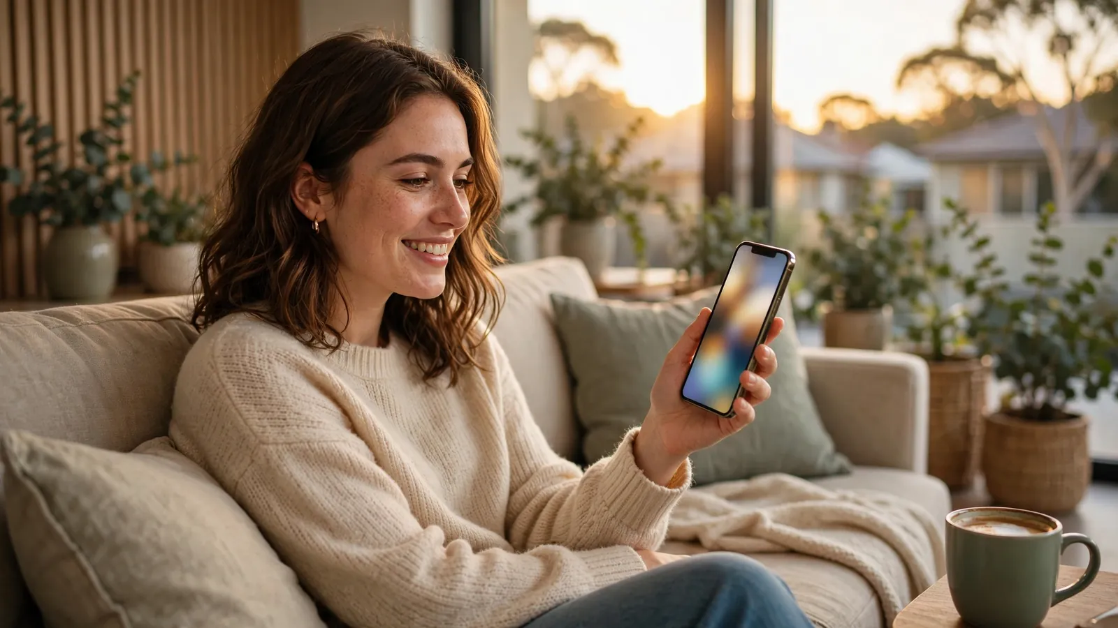 Young Australian woman relaxing with smartphone in sunlit apartment, warm golden-hour tones