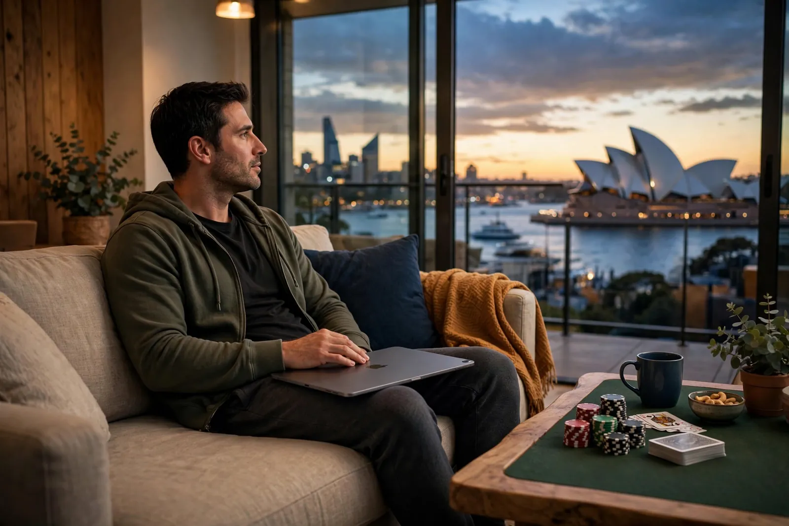 Person holding an iPad in a Sydney apartment at sunset with casino chips nearby