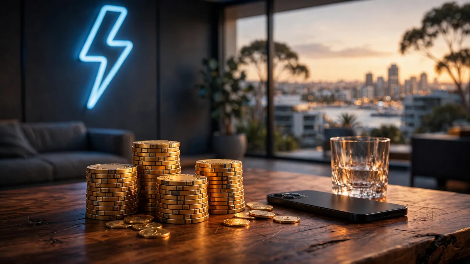 Australian lounge at dusk with stacked casino chips, a face-down smartphone, and a soft blue lightning motif against a coastal city skyline.