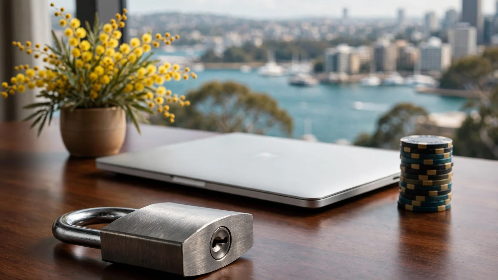 Closed laptop with padlock, casino chips and Australian wattle on a desk near a Sydney skyline window