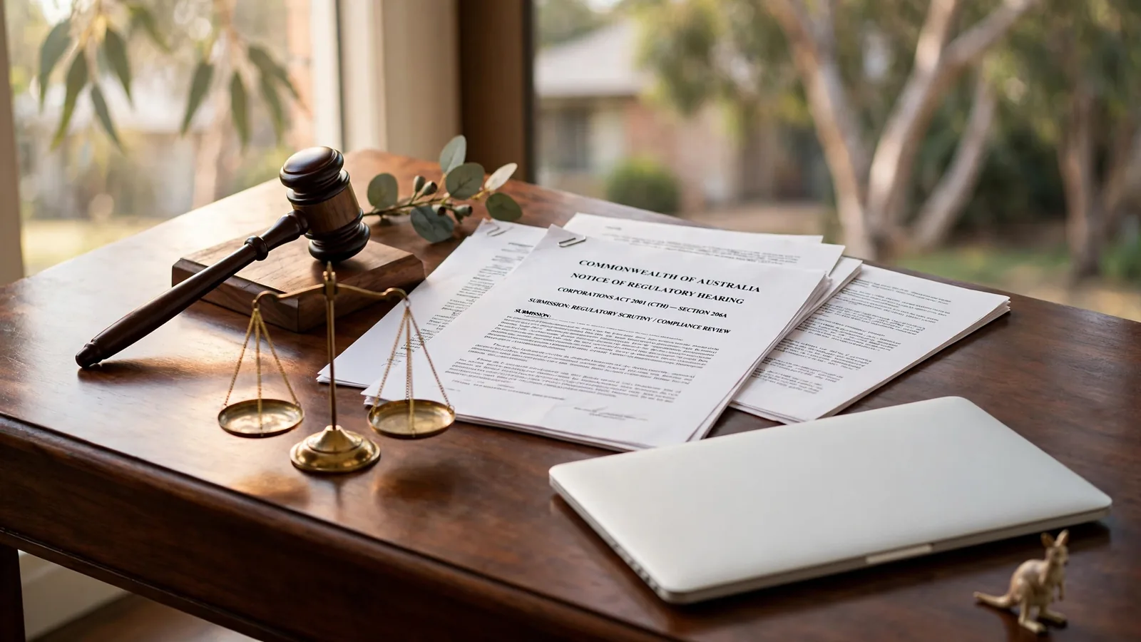 Legal gavel, documents, and closed laptop on a wooden desk with Australian accents