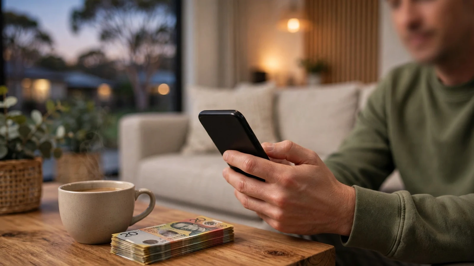 Person holding a turned-away smartphone on a sofa with Australian dollars nearby
