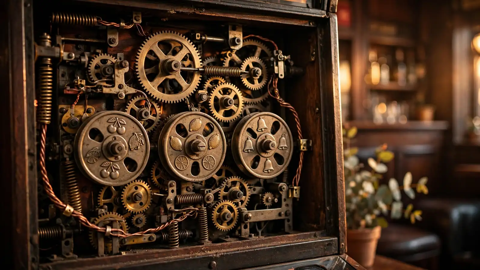 Close-up of vintage pokie machine internal gears and mechanical components