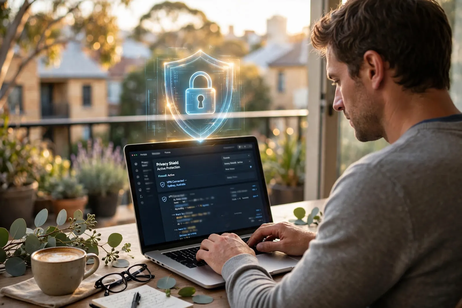 Australian user at laptop with protective privacy padlock icon