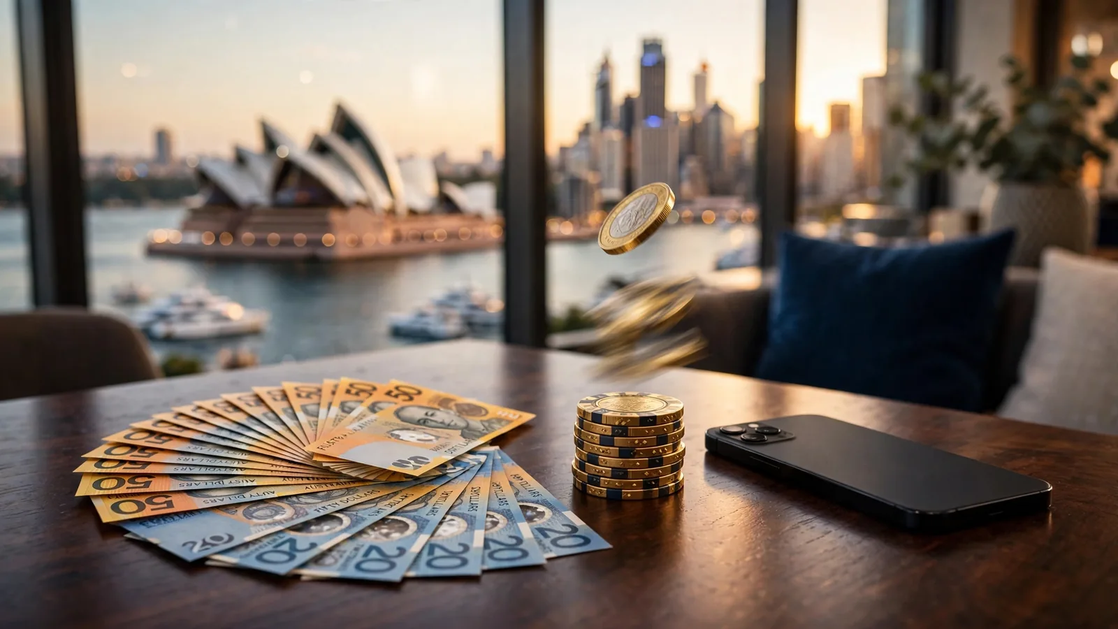Australian dollars, gold casino chips, and a face-down smartphone on a lounge table with Sydney harbour skyline behind.
