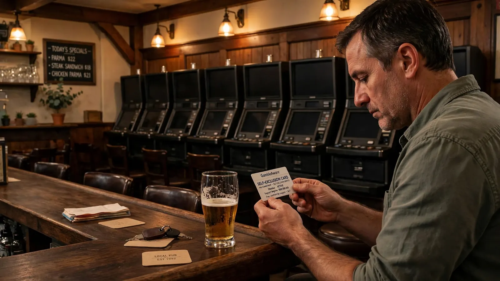 Man in an Australian pub holding a responsible gambling card near turned-off poker machines.