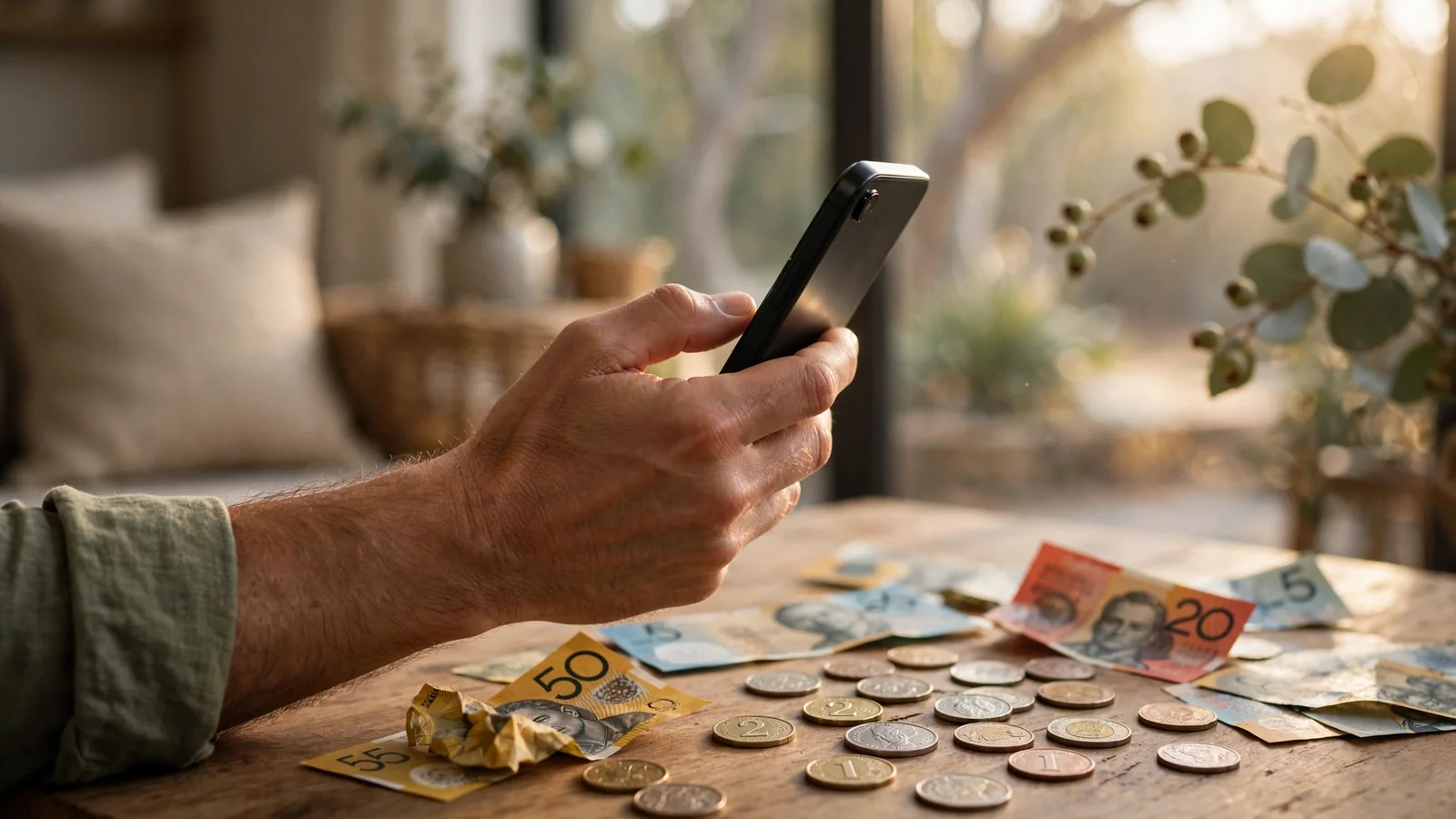 Australian player checking instant payout on smartphone with cash on table