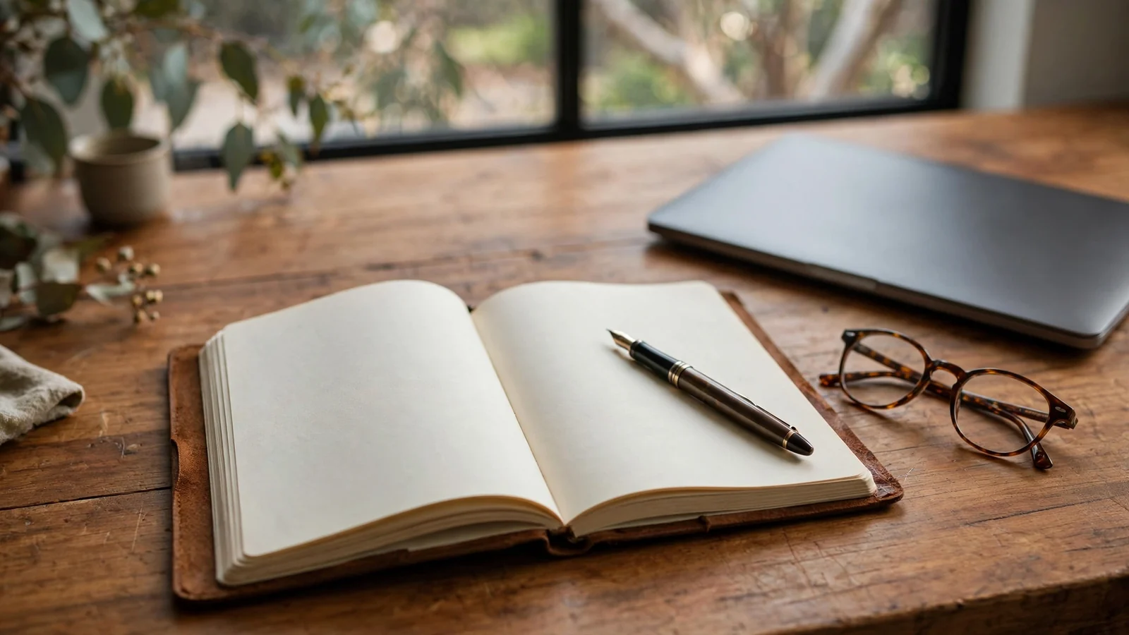 Notebook with pen and glasses on a wooden desk representing terms of use