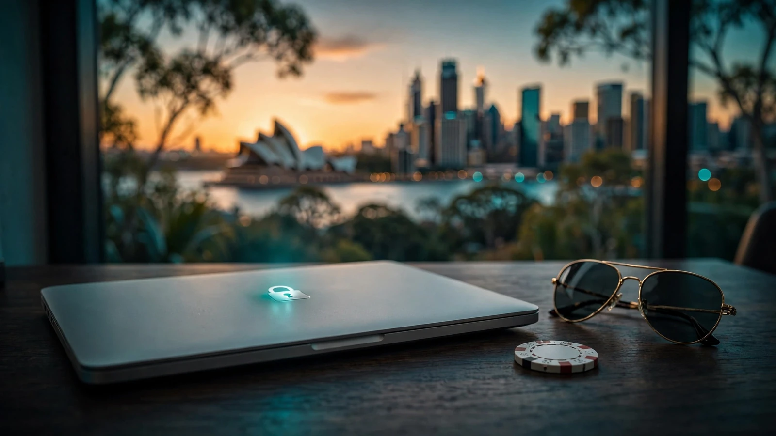 Closed laptop with VPN glow, casino chip, sunglasses, and Sydney skyline at sunset